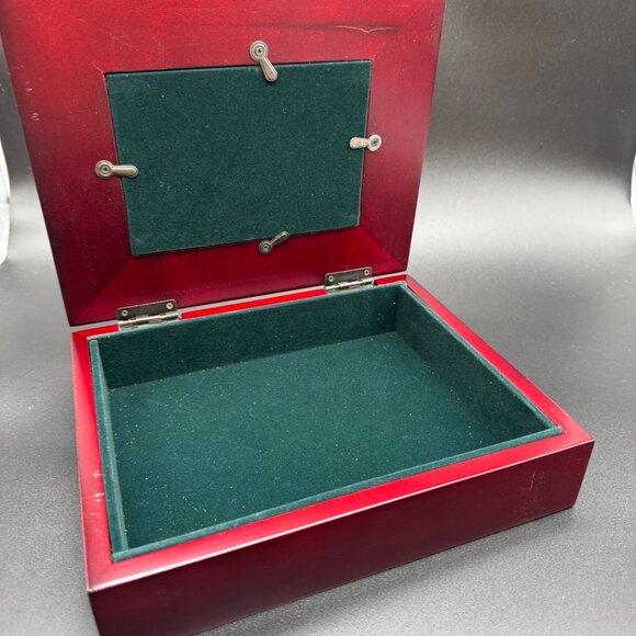 Vintage Wood Keepsake Jewelry Box and Photo Frame Burgundy Gold Accent - Picture 4 of 9
